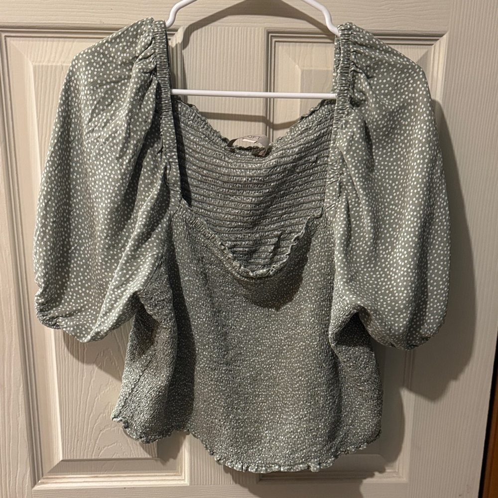LOFT Sage Green White Dotted Blouse